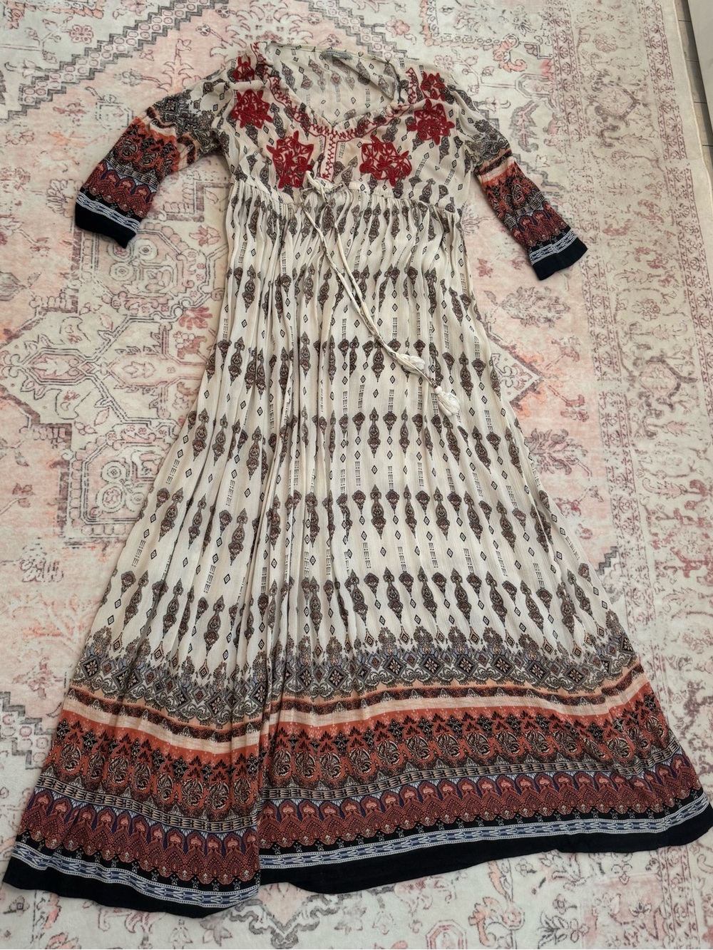 Cost Plus World Market Ivory Maxi Dress with Red and Navy Accents